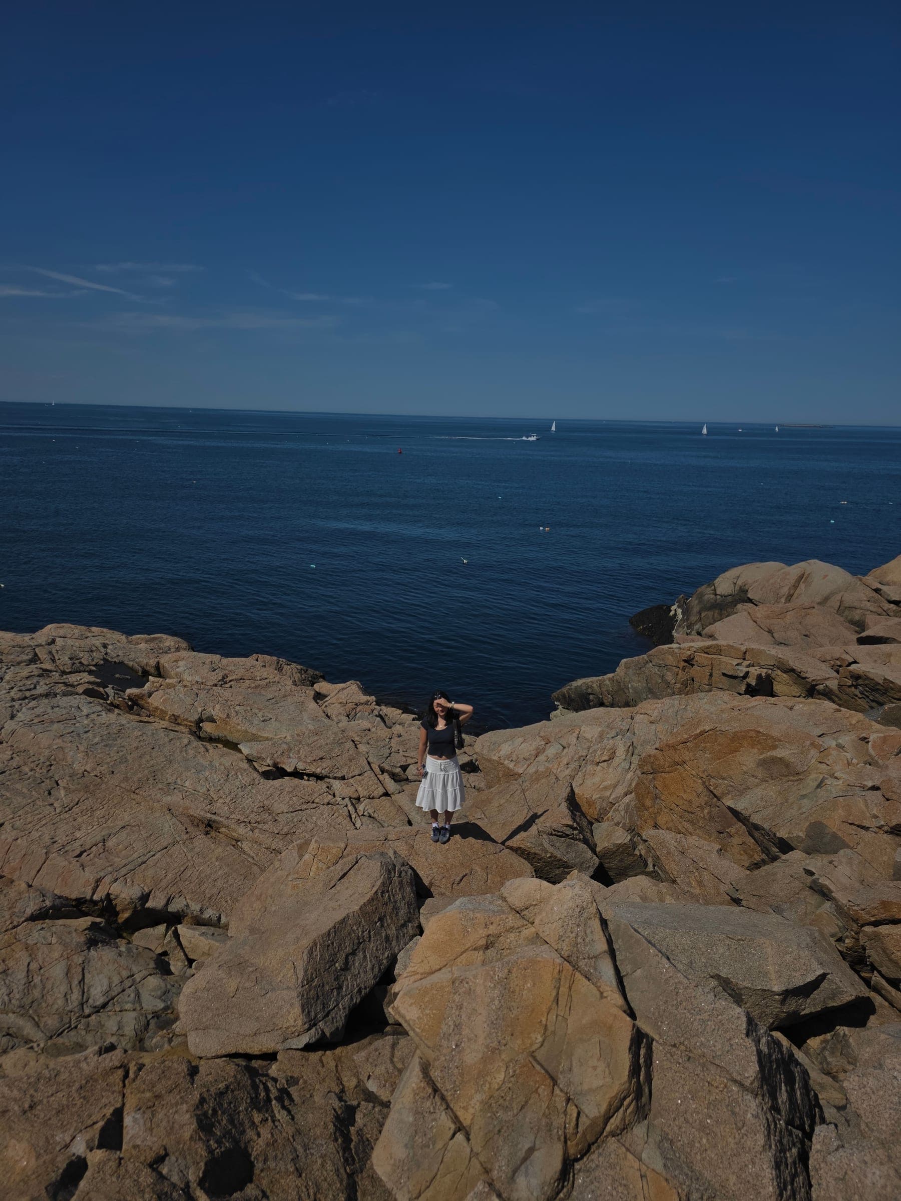A figure standing on sunlit granite boulders above deep blue ocean, sailboats on the horizon