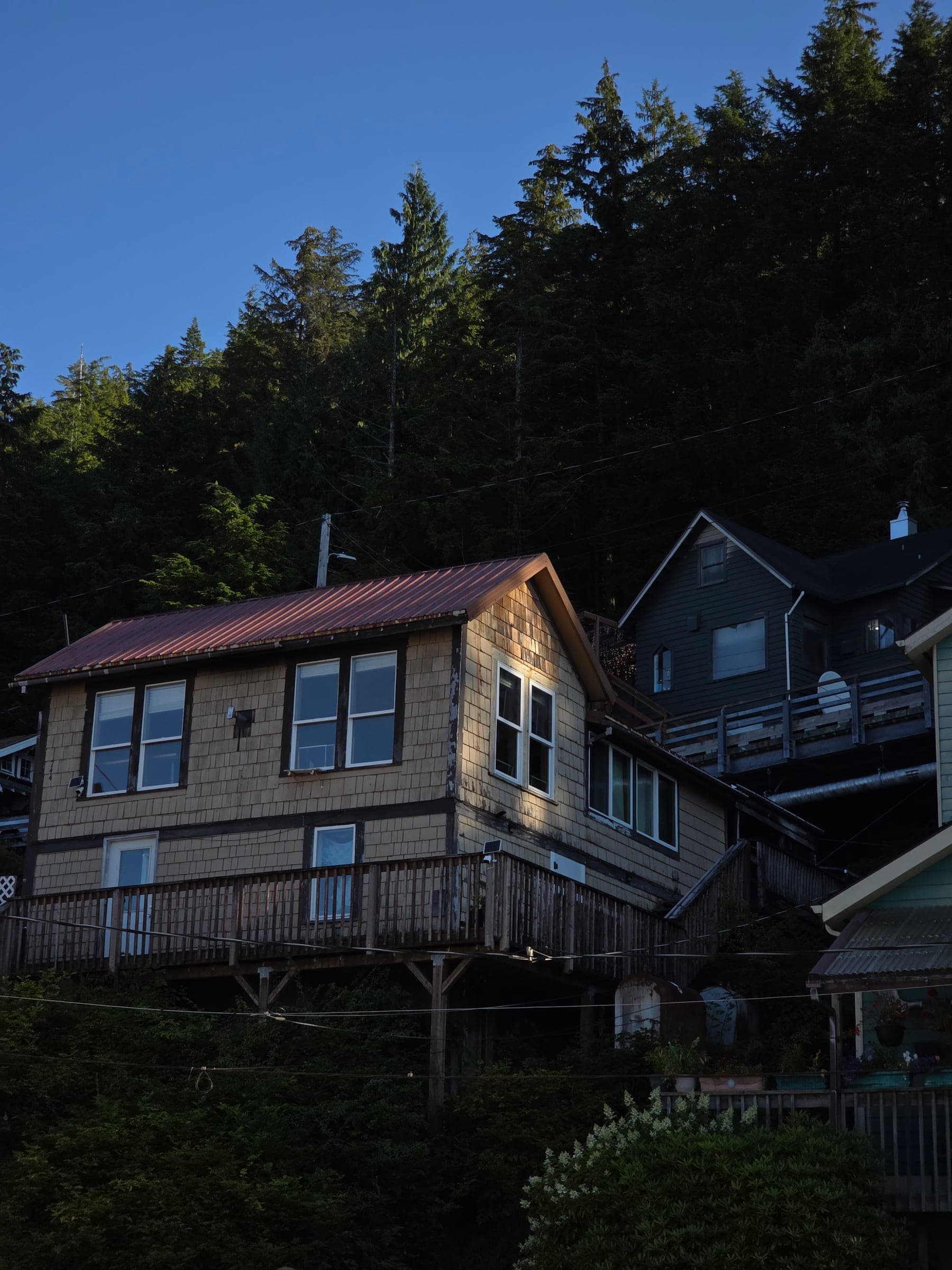 Shingled houses built on stilts against a steep evergreen hillside, early sun catching one window